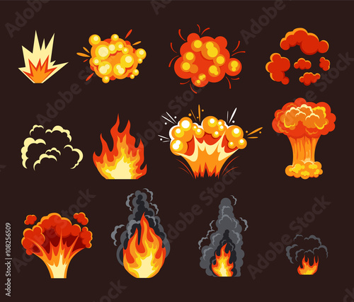 Explosion animation effect. Vector flat cartoon illustration set