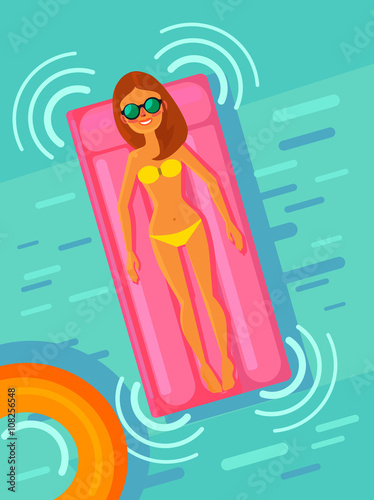 Woman lying on mattress in pool. Vector flat cartoon illustration