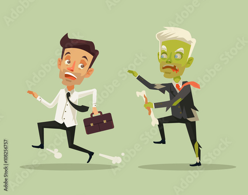 Man escaping zombie. Vector flat cartoon illustration photo