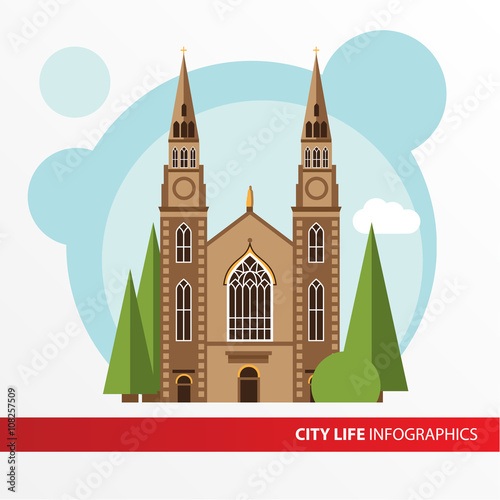 Church building icon in the flat style. Roman catholic church. Concept for city infographic.