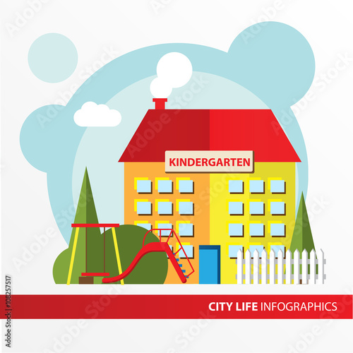 Kindergarten building icon in the flat style. Preschool. Concept for city infographic.