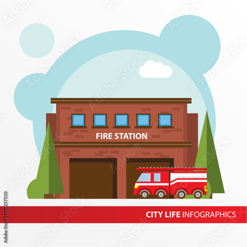 Fire station building icon in the flat style. Emergency fire office. Concept for city infographic.
