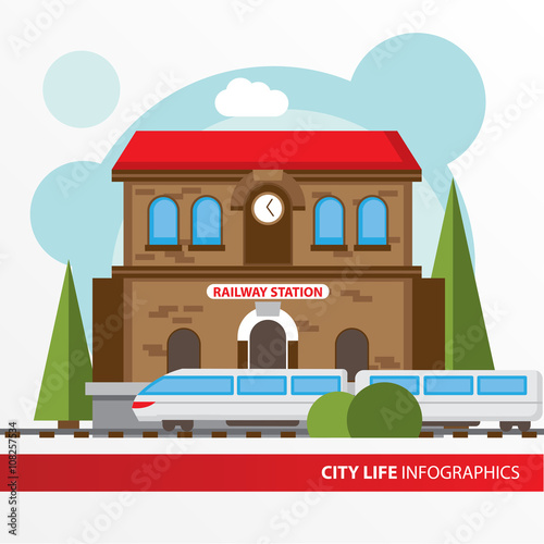 Train station building icon in the flat style. Railway station. Concept for city infographic.