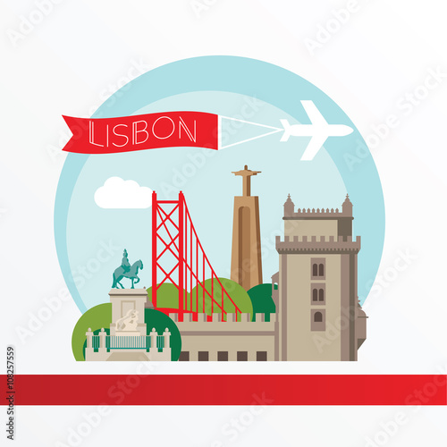 Lisbon, detailed silhouette. Trendy vector illustration, flat style. Stylish colorful  landmarks.