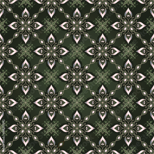 Decorative seamless golden texture on a green background.
