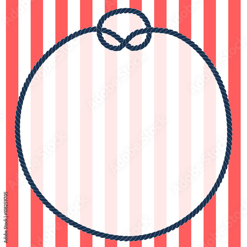 Round navy blue rope frame with a knot on striped background, vector