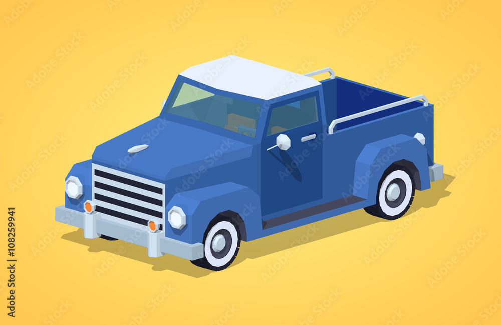 Blue retro pickup against the yellow background. 3D lowpoly isometric vector illustration
