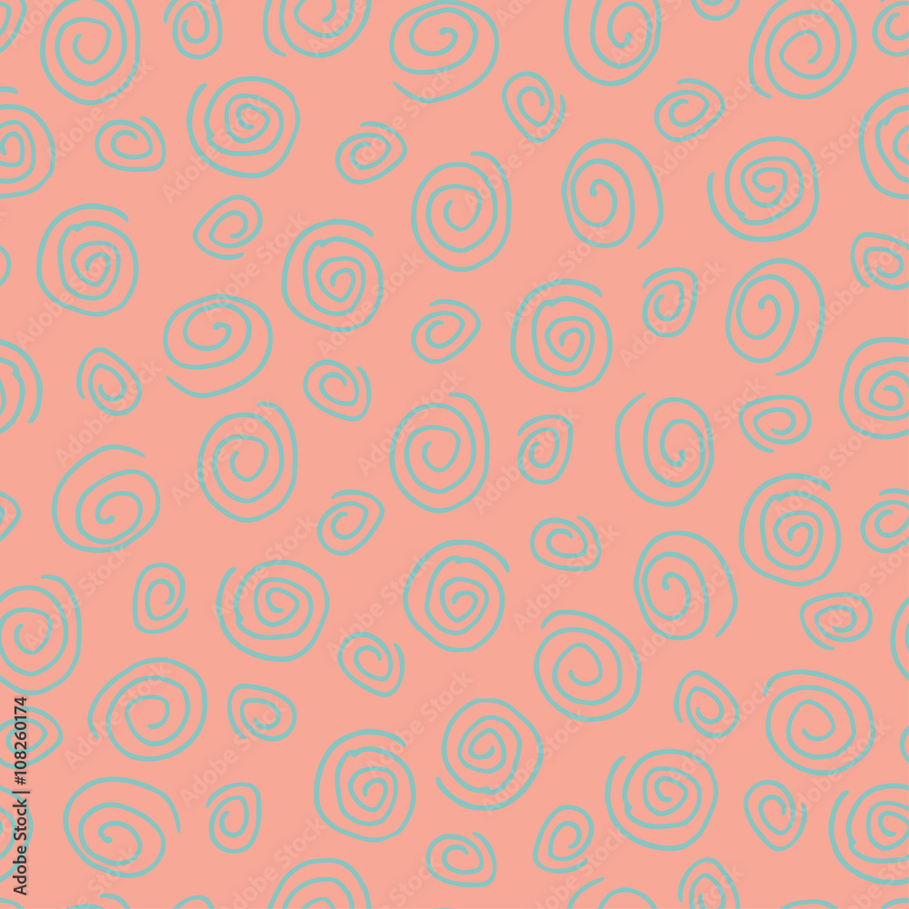 Seamless pattern with blue spirals on pink background.