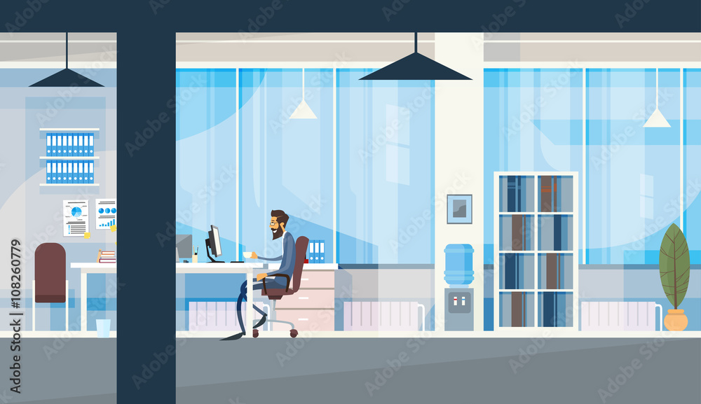 Business Man Sitting Desk Working Computer Business Man Sitting Desk Working Computer