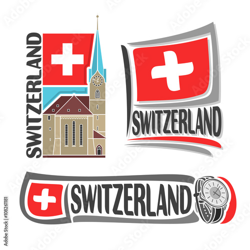 Vector logo for Switzerland, consisting of 3 isolated illustrations: Fraumunster Church in Zurich on background of national state flag, symbol of Switzerland and swiss flag beside watch close-up photo