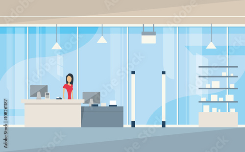 Shop Interior Sales Woman Stand Near Cash Desk