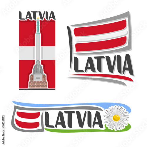 Vector logo for Latvia, consisting of 3 isolated illustrations: Freedom Monument in Riga on background of national state flag, symbol of Latvia and latvian flag beside camomile, chamomile close-up