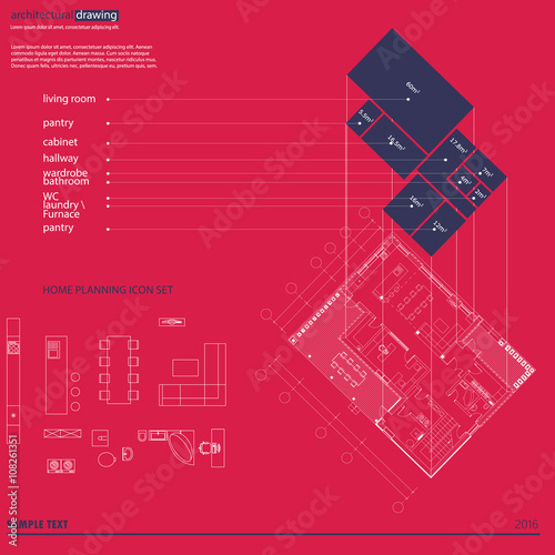 Architectural drawings, plans, background. 3D diagram of the plan. Furniture symbols used in architecture plans icons network. The architectural theme. Working drawings