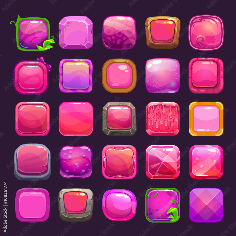 Funny cartoon pink square buttons collection Funny cartoon pink square buttons collection