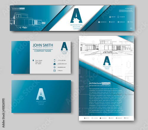 Business cards design with cityscape sketch for architectural company. Architectural background for architectural project, architectural brochure, technical project, architectural drawing.
