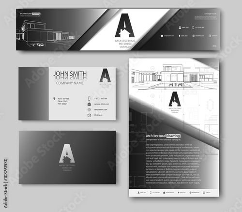 Business cards design with cityscape sketch for architectural company. Architectural background for architectural project, architectural brochure, technical project, architectural drawing.