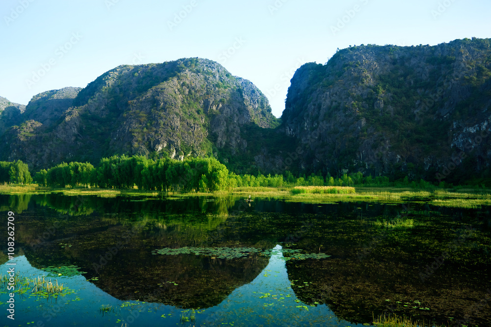 Landscape in Van Long natural reserve in Ninh Binh, Vietnam. Vietnam landscapes.