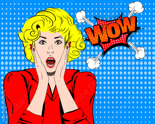 Wow. Wow face. Wow expression. Surprised woman with open mouth vector. Pop art wonder woman. Wow emotion. Wow Comic woman. Surprised pop art girl. Shock. Shock woman. Surprised face. Wonder face.