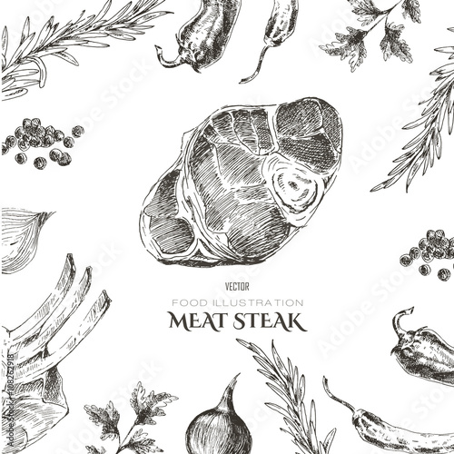 vector meat steak sketch drawing designer template. food hand-drawn backdrop for corporate identity