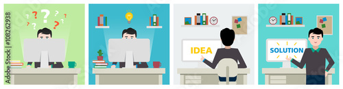 Man at workplace with questions, idea and solution.