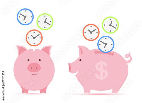 Pink piggy bank with falling clock faces. time is money concept