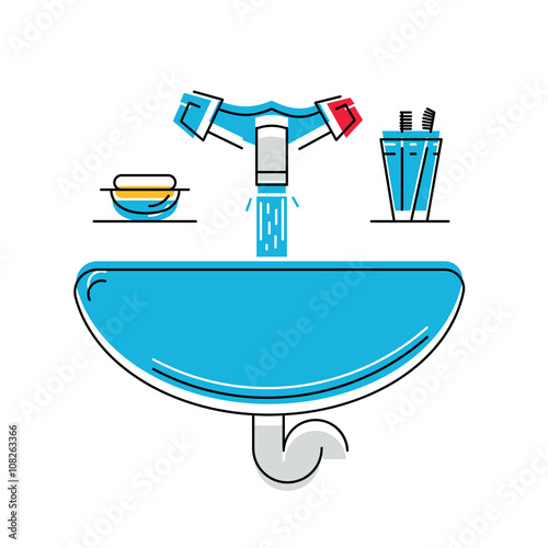 Bathroom sink with soap and toothbrushes, line style vector illustration, personal hygiene