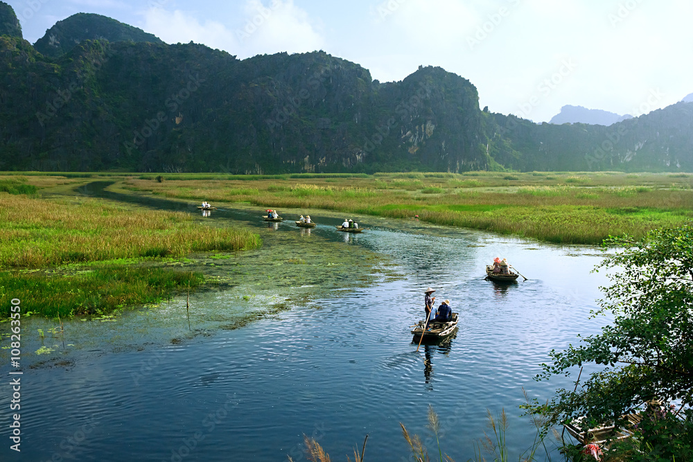 Landscape in Van Long natural reserve in Ninh Binh, Vietnam. Vietnam landscapes. Landscape in Van Long natural reserve in Ninh Binh, Vietnam. Vietnam landscapes.