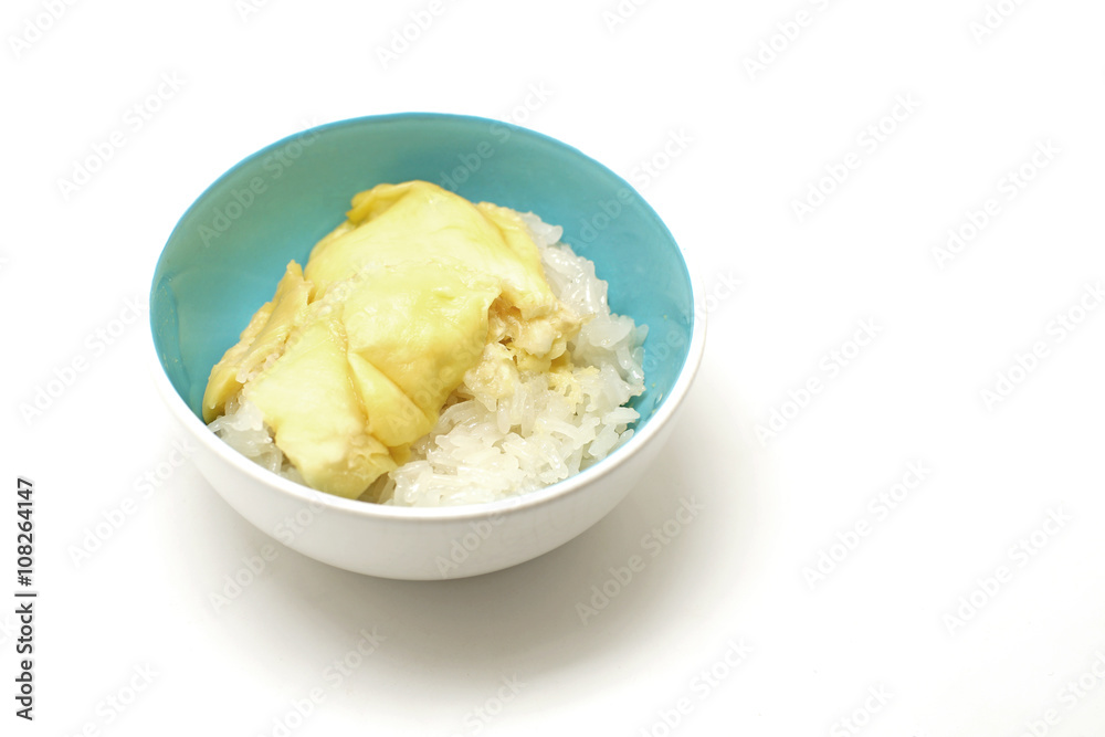 thai dessert, durian sticky rice with coconut milk sauce thai dessert, durian sticky rice with coconut milk sauce
