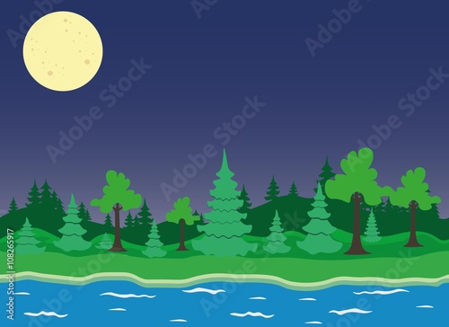 Summer forest at the night with full moon