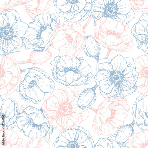 Vector vintage anemone seamless pattern in trendy colors 2016. Rose quartz and serenity