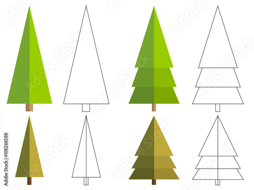 Set of 4 isolated flat conifer tree and coloring book variation