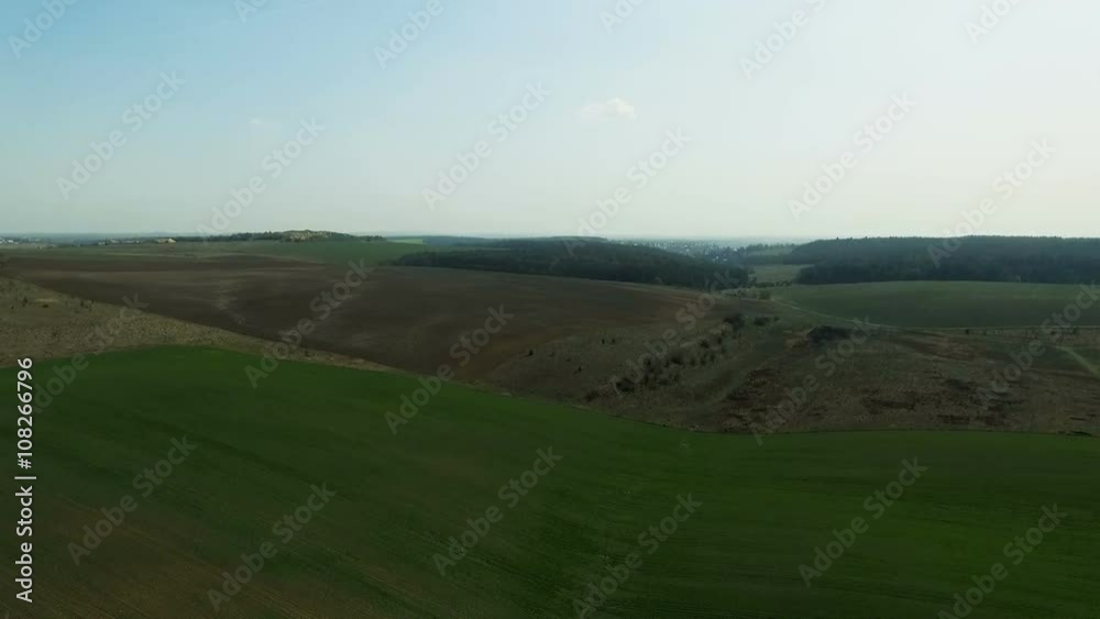 Aerial view of beautiful wheat fields, trees, green landscape, horizon, blue sky Aerial view of beautiful wheat fields, trees, green landscape, horizon, blue sky
