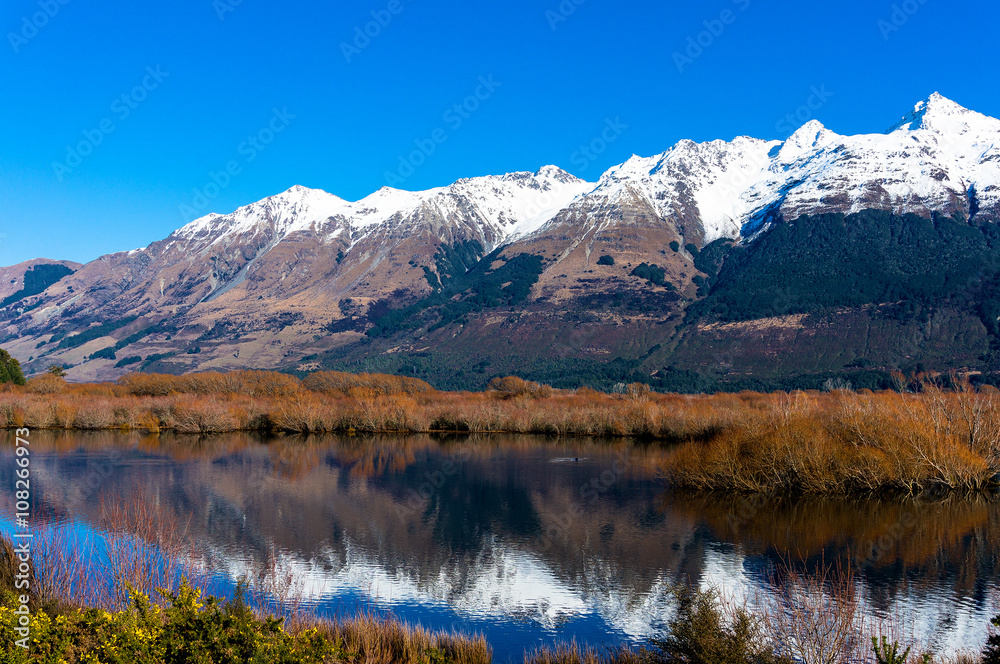 Glenorchy lagoon landscape with snow covered mountains