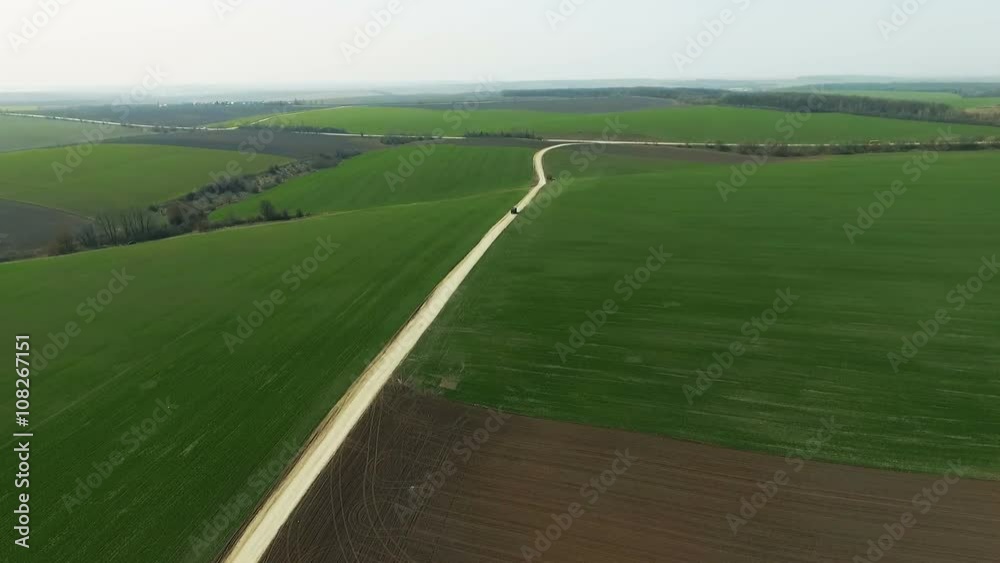 Aerial view of vehicle is driving on road between the wheats field Aerial view of vehicle is driving on road between the wheats field