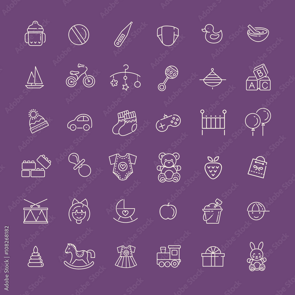 Outline web icon set. Baby toys, feeding and care Outline web icon set. Baby toys, feeding and care