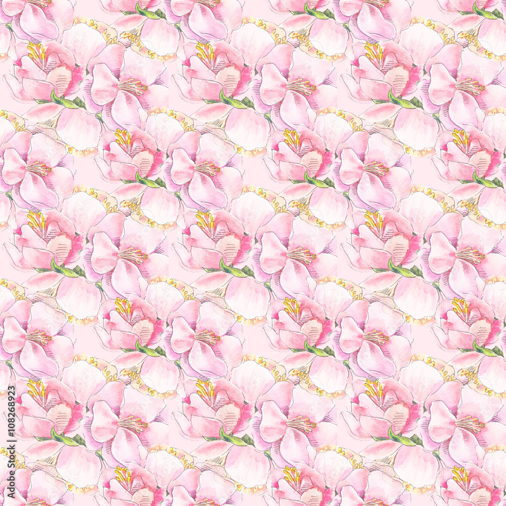 Pink spring seamless pattern with watercolor flower like roseshi Pink spring seamless pattern with watercolor flower like roseshi