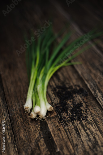 Onion and black sesame on wooden table on dark blurred background. Dark rustic style.