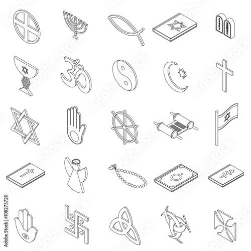 Religious symbols icons set, isometric 3d style