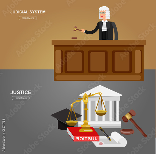 Law horizontal banner set with judical system elements isolated vector illustration