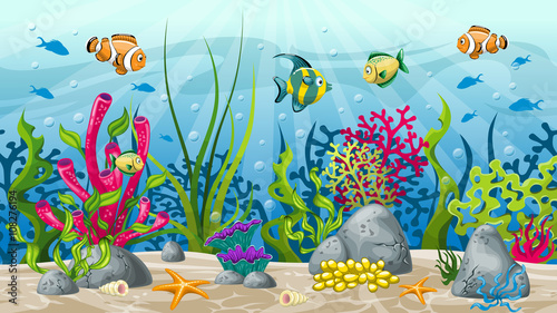 Illustration of underwater landscape with plant and fish