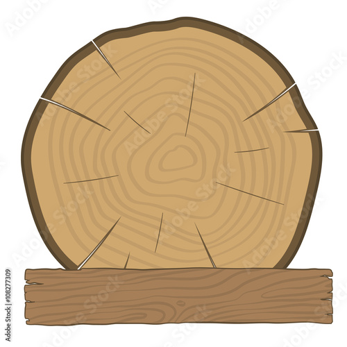 The log and wooden board - timber label. Tree with growth rings and an old wooden board.