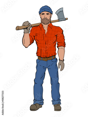 Lumberjack. Rural man holds axe in hands, wearing a plaid shirt, jeans and boots. Lumbersexual fashion style. Brutal bearded man.