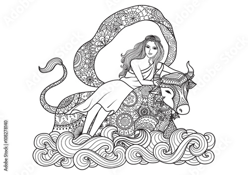 Zentangle stylized of Phoenician princess (Europa) whom the continent Europe was named. Designed for coloring book for both adult and children, T - Shirt graphic, poster and other decorations