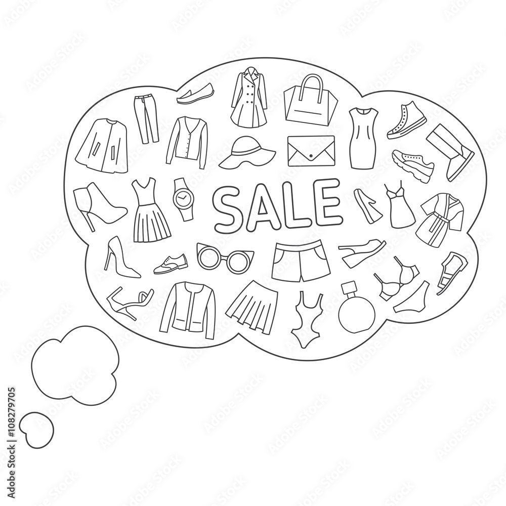 Thoughts about the sale. Thought bubbles about shopping, sale, clothes, shoes, accessories. Line icons on a white background