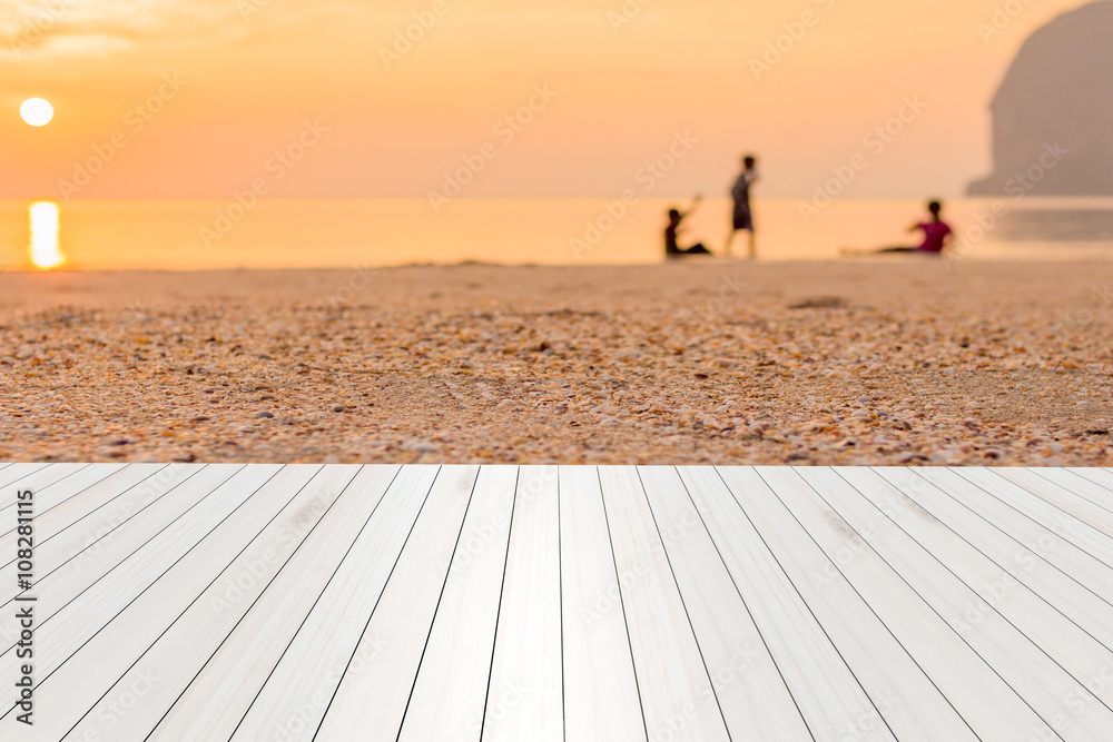 Fototapeta premium Empty top view of wooden table or counter (shelf) and view of su