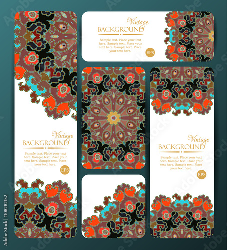 Collection of colorful banners and business cards. Vintage decorative templates. 