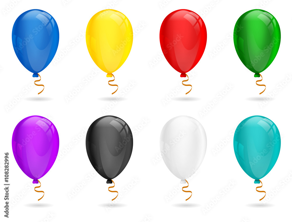 Vector Realistic transparent Balloon vector set. Red, green, blue, yellow, white, black, turquoise, purple color. Isolated on white background