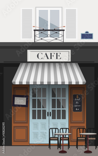 Modern landscape with cafe restaurant coffee house building facade. Cafe restaurant in a flat style. Coffee-shop outdoor on the street.