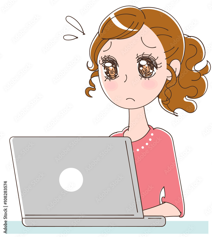 パソコンを見て困惑する女性のイラスト パソコンを見て困惑する女性のイラスト