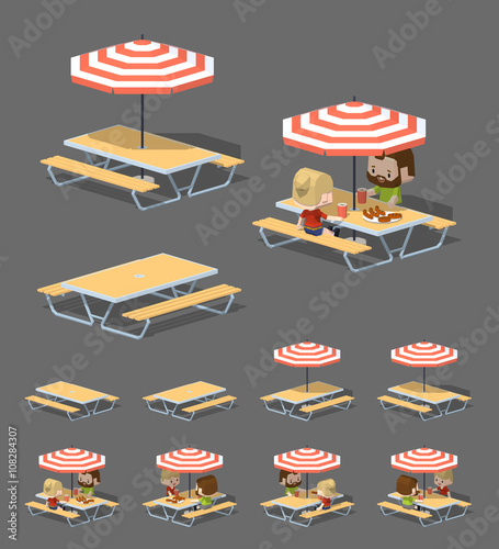 Cafe table with sun umbrella. 3D lowpoly isometric vector illustration. The set of objects isolated against the grey background and shown from different sides